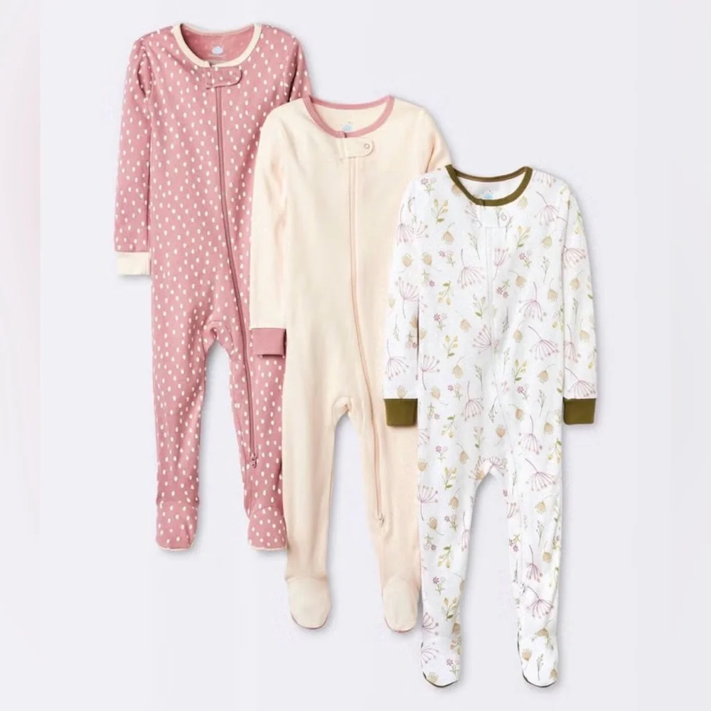 Cloud Island 3-Pack Baby Footie Sleepers 0-3M Pink Floral Animal Cotton